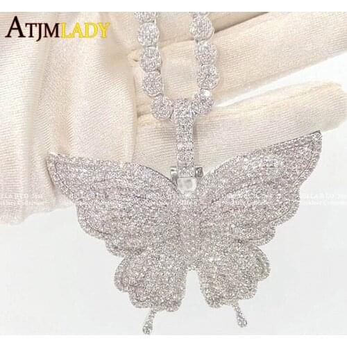2021 New Arrived Iced Out Bling Women Jewelry 16'' 18'' Round Cut Sparking CZ Tennis Chain Pink White Butterfly Choker Necklace
