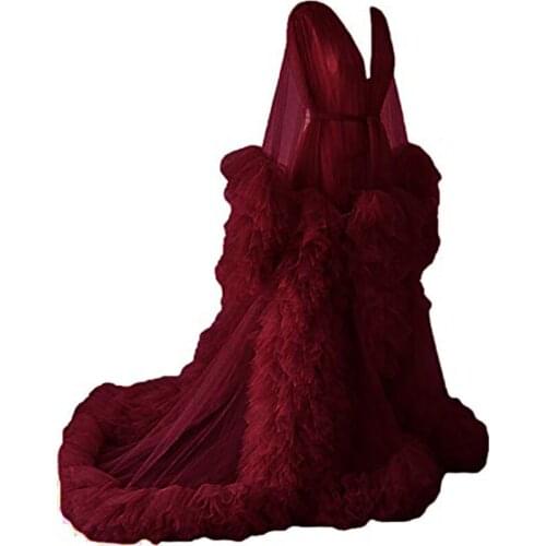 Tiered Skirts Burgundy Maternity Gown Long Sleeve Ruffles Wedding Sleepwear Bathrobes Nightgowns Robes Women Dress Kimono