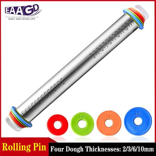 1Set Stainless Steel Rolling Pin With 4 Adjustable Rings. The Dough Roller Used by Bakers & Cooks for Pasta, Cookie Dough