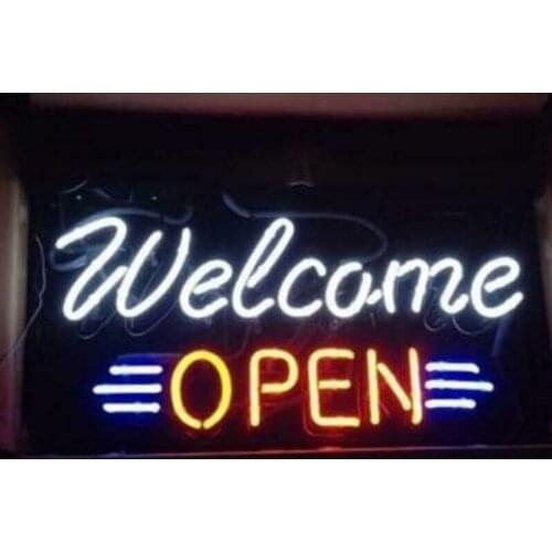 14“x7" Welcome Open Neon Light Lamp Sign Beer Bar Handmade Real Glass Decorate Home Wall Room Windows Tube Display Artwork