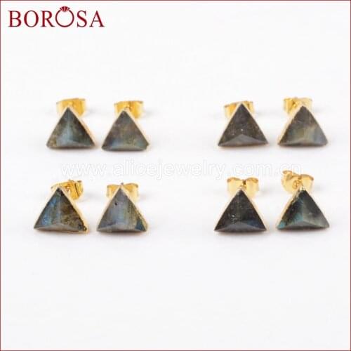 BOROSA 8mm Labradorite Studs Triangle Gold Electroplated Natural Labradorite Faceted Drusy Stud Earrings Druzy Jewelry G1300