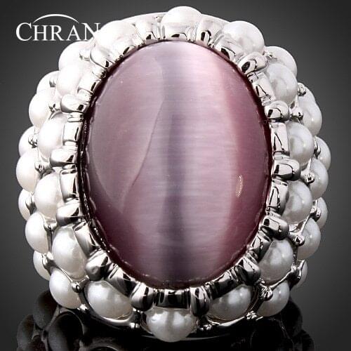 Chran Vintage Jewelry Fashion Faux Pearl Beads Ring Classic Siver Plated Opal Rings for Women