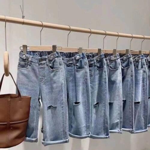 Kids Ripped Jeans Baby Girl Fashion Holes Denim Pants Loose Oversize Dance Jazz Hiphop Jeans for 3-15 years old