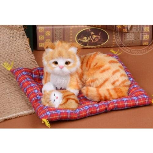 About 25x20x12cm yellow cat mothers love cat & little kitty toy miaow sound cat model,polyethylene & furs resin handicraft h995