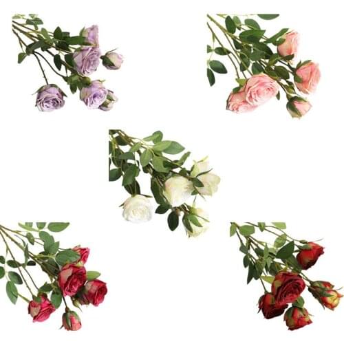 6 Heads Real Touch Artificial Silky Rose Flowers Fake Green Leaves Vintage Bridal Wddding Bouquet Home Garden Party Decoration