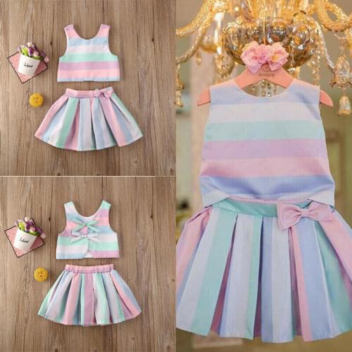 2PCS Summer Toddler Baby Girls Striped Rainbow Outfits Sleeveless Vest Tops + Skirts Clothes Set Girls Clothing