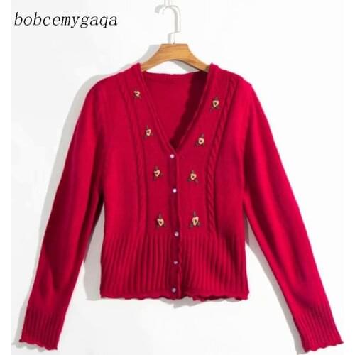 Red Embroidery Cardigan Sweater Women Button Up V Neck Long Sleeve Floral Short Sweater High Waist Knitted Cardigan