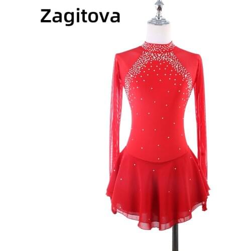Red Figure skating Costume Childrens Girl Ice Skating Dress High Collar Long Sleeve Backless With Shiny Diamond