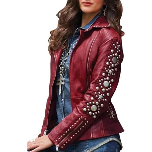 Womens Jackets Slim Oversized Faux Leather Wine Red Basic Autumn Jacket Beading Coat Female Embellished Streetwear Outerwear
