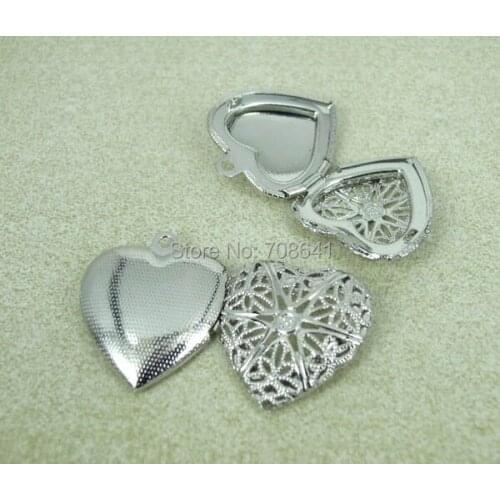 20x5mm New Imitation Rhodium tone Plated Copper Love heart Filigree Hollow Photo Frame Locket Pendant Charms Findings Wholesale