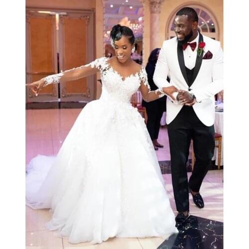 Sweetheart Wedding Dress Long Sleeves Bridal Gowns A-Line Tulle Beads Appliques Plus Size African Bride Dresses