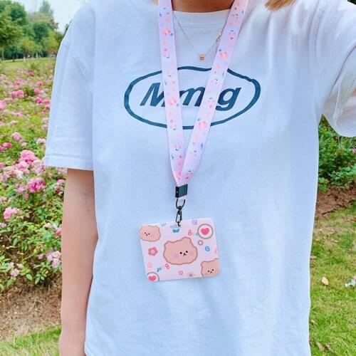 Cartoon Card Holder Girls Lanyard Hanging Neck Type Bus Card Set Cute Sliding Cover Protective Cover Badge Document Holder