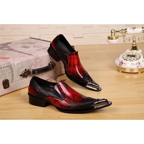 Gradient Black Red Leather Mens Dress Shoes Mocassins Slip On Loafers Italian Metal Pointy Toe Men Wedding Shoes Chaussure Homme
