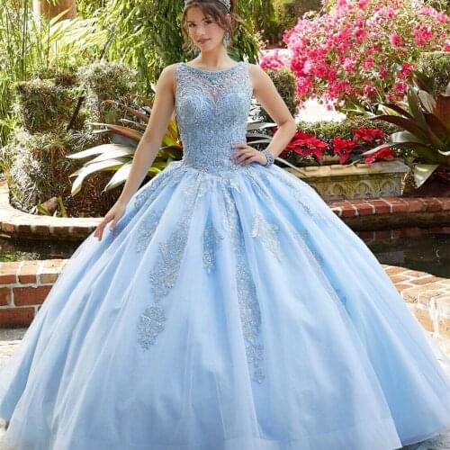 Sky Blue Quinceanera Dresses Ball Gown Scoop Floor Length Tulle Appliques Beaded Puffy Cheap Sweet 16 Dresses