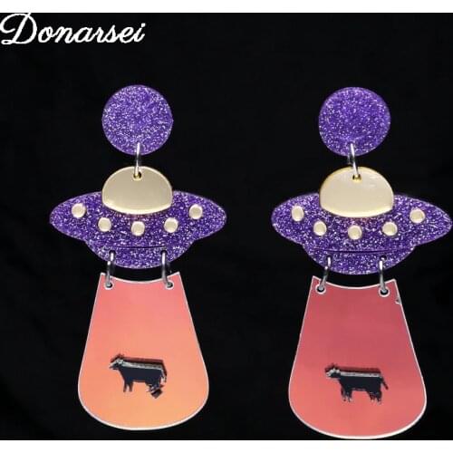 Donarsei 2019 New Fashion Spaceship UFO Acrylic Earrings For Women Personality Geometric Alien Glitter Drop Earrings Party