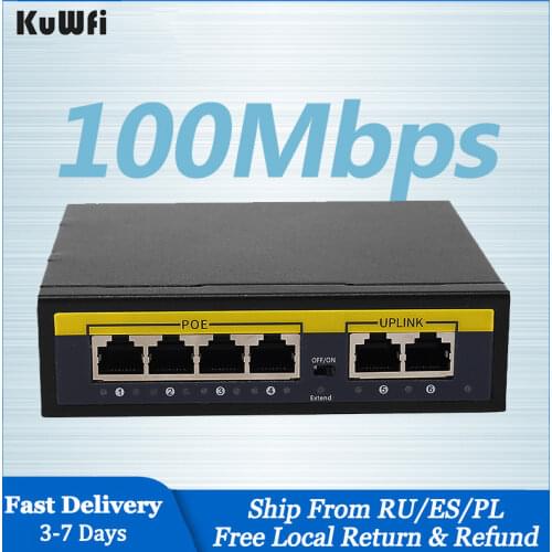 KuWFi 4 Port Fast Ethernet Switch | Network Switch 100Mbps | Desktop Ethernet Splitter |Ethernet Hub|Plug and Play|Fanless Quiet