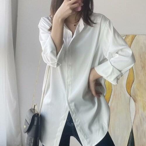 Plus Size Silky Button Solid Casual Clothes Cardigan Long Sleeve Shirt Women Autumn Loose Shirts Womens Tops and Blouses 11003