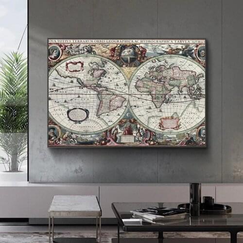 Retro World Map Nautical Ocean Map Wall Art Chart Sticker Antique Canvas Painting Home Decor Large Size Map World On The Wall