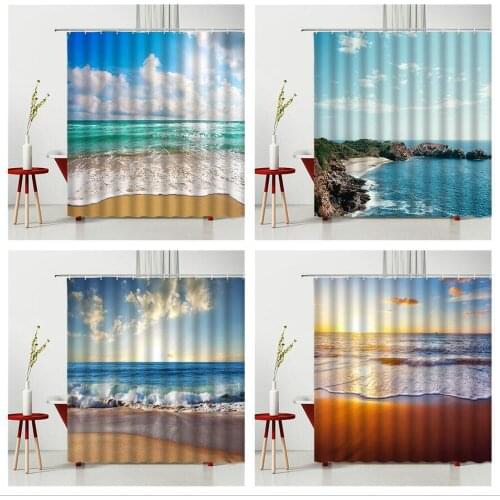 Landscape Shower Curtain Seaside Coconut Tree Blackout Curtain, Fabric Curtain, Bathroom Furniture Supplies Living Room Curtains