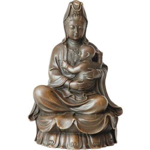 Buddha Statue Pure Bronze Guan Yin Sending a Child Figurine Chinese Goddess Guanyin Sculpture