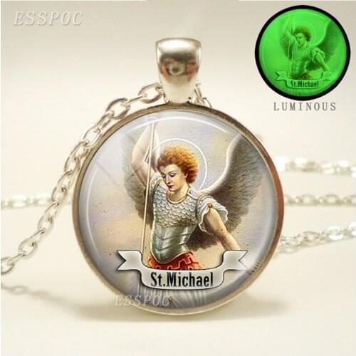 St Michael Art Picture Luminous Jewerly Silver Color Chain Cabochon Pendant Necklace Christian Gift