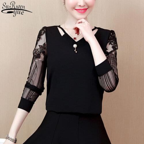 2021 V Neck Women Lace Shirts Hollow Out Chiffon Blouse Long Sleeve Women Tops and Blouses Plus Size 3XL Blusas Mujer 2314