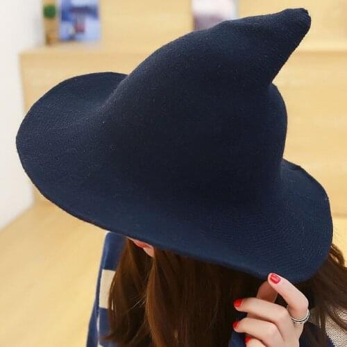 Women Wool Felt Bucket Hat Autumn Winter Witch Costume Tall Fedora Solid Color Knit Cap