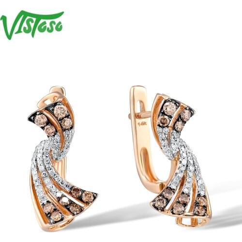 VISTOSO 14K 585 Rose Gold Earrings For Lady Glamorous Sparkling White and Brown Diamond Earrings Luxury Engagement Fine Jewelry