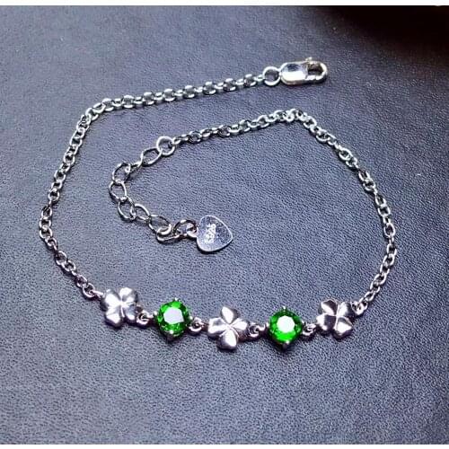 S925 silver natural green diopside gem bracelet natural gemstone bracelet Simple elegance Clover women party gift fine jewelry