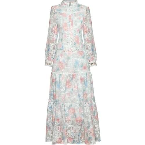 Women Clothing Two Pieces Set Crochet Lace Embroidery Buttoned Stand Collar Lantern Sleeve Print Shirt + Long Maxi Skirt