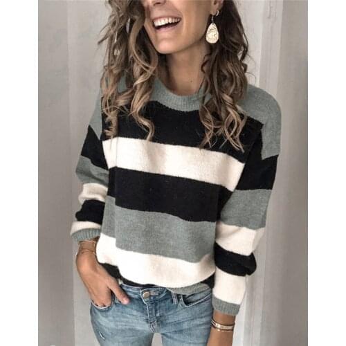 Autumn New Large Size Round Neck Womens Contrast Striped Pullover Long-sleeved Loose Comfortable Urban Casual Versatile Sweater