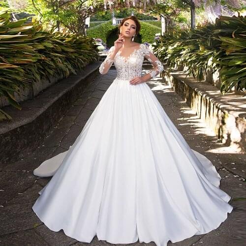 Vestidos De Novia Satin Skirt Ball Gown Wedding Dress O-Neck Simple Hochzeitskleid Long Sleeve Suknia Slubna Robe Mariage