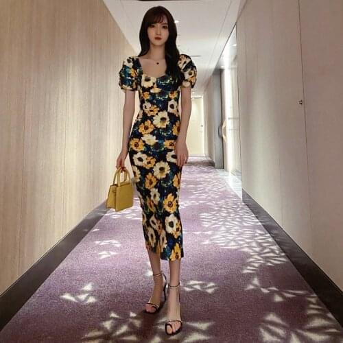 Print Sunflower Vintage Dresses for Women Summer 2020 Midi Casual Bohemian Dress Ladies Sheath Midi Yellow Beach Dresses Woman