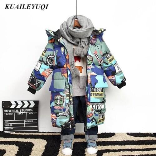 2020 New Hooded Winter down cotton Jacket for Boy Graffiti Camouflage Parka Teenagers Thick Long Coat Kids clothing girl Clothes