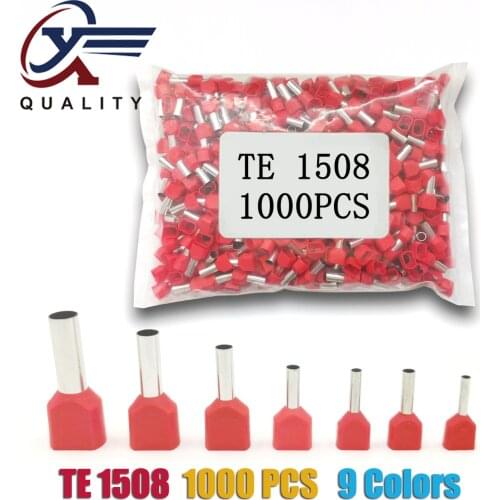 1000pcs/Pack TE 1508 Insulated Ferrules Terminal Block Double Cord Terminal Copper Insulated Crimp terminal Wires 2x1.5mm2