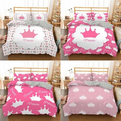 2/3pcs Pink Bedding Set Crown Duvet Cover Home Textile Cartoon Print Home Living Luxury Quilt Set Adult King Size Bedding Set