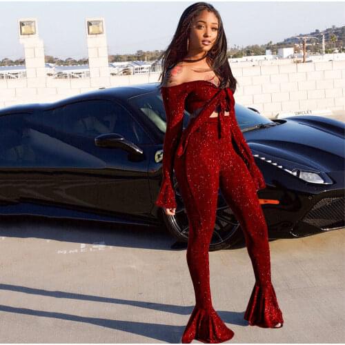 AHVIT Front Bandage Sexy Women Two Piece Set Deep V Neck Flare Sleeve Crop Top And High Waist Boot Cut Bodycon Pants NS3416