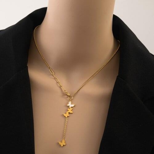 316L Stainless Steel Fashion Upscale Jewelry Natural Shell Butterfly Tassel Charms Chain Choker Necklaces & Pendants For Women