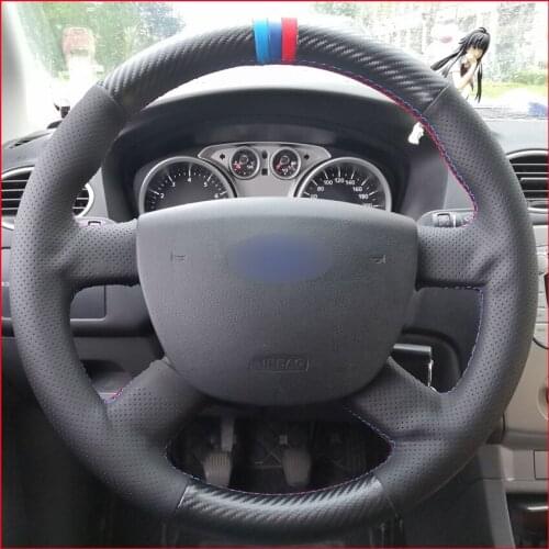 Black PU Carbon Fiber Steering Wheel Cover for Ford Kuga 2008-2011 Focus 2 2005-2011 C-MAX 2007-2010 Transit 2010