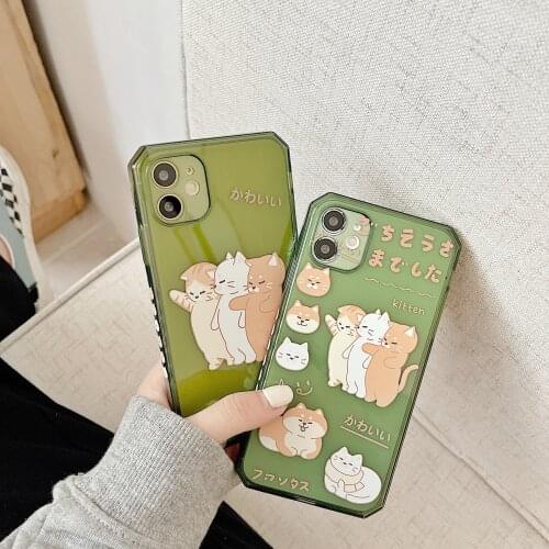Retro kawaii stand cat puppy Jelly green Japanese Phone Case For iPhone 11 12 Pro Max Xr Xs Max 7 8 Plus X 7Plus case Cute Cover