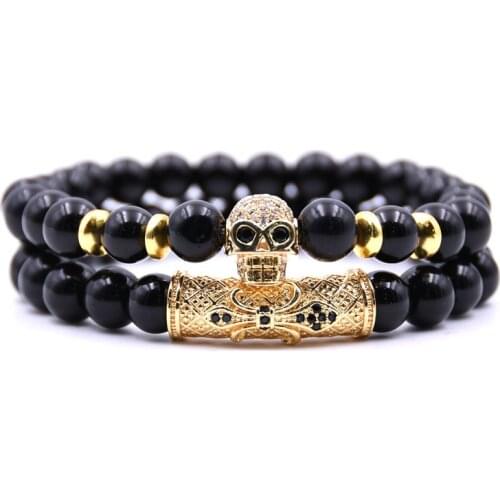 HYHONEY 2pcs/set Black stone 8mm beads Bracelet Men Micro Pave CZ Skull Charms Bracelet For women pulseras
