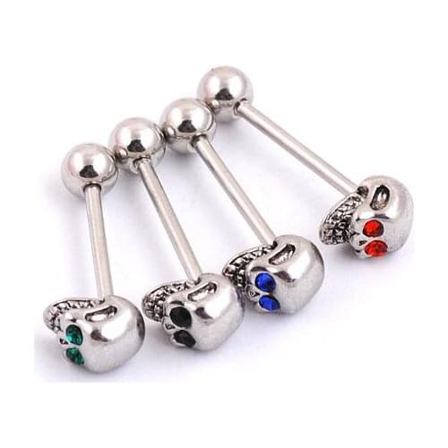 Stainless Steel Crystal Skull Tongue Piercing Rings Piercing Pins Barbell Pircing Rings Body Jewelry Ear Tragus Wholesale 50pcs