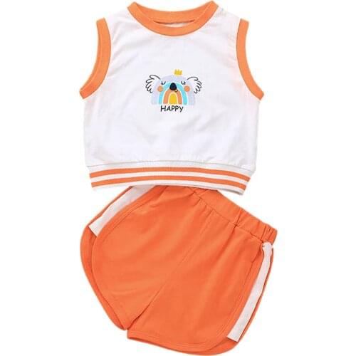 2-6 Y 2Pcs Kids Summer Tracksuit Koala Printing Splicing O-Neck Cotton Tank Tops + Elastic Waist Shorts For Girls Indoor/Outdoor