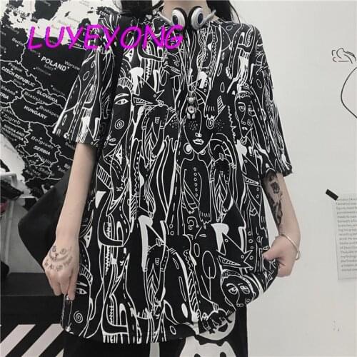 Summer Casual Streetwear Short Sleeve Top Lady Abstract Cartoon Person Print O Neck T-shirt Black White Harajuku Loose T Shirt