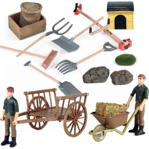 Simulation Farm Tools Farmer Set Action Figures Spade Forage Fork Lawn Mower Fence Mini Figure Micro Landscape Kids Farm Toys