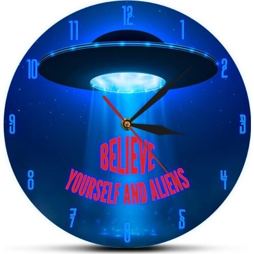 Believe Yourself And Alien Wall Clock Outer Space Quote UFO Abduction Wall Art Flying Saucer Home Decor Children Bedroom Clock