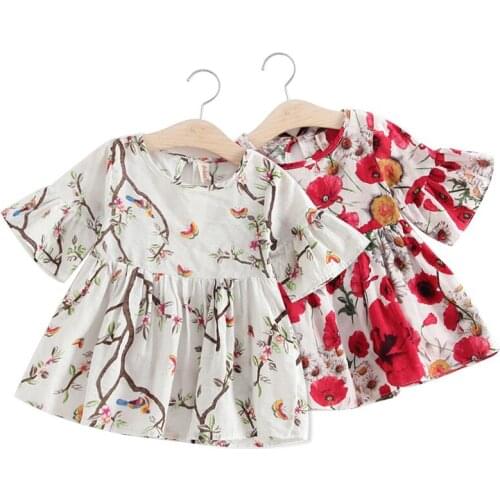 2019 New Hot Selling and Comfortable Girls trumpet sleeve printed cotton dress