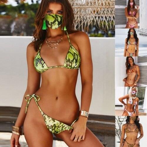 New Leaf Print Three-piece Bikini Suit Swimsuit Women Ladies Leopard Snake Print Beachwear Swimwear Swimsuit