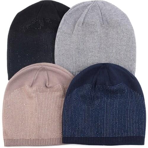 Charm Wood Adult Cashmere Beanie Hat Autumn Winter Warm Skull Cap Beanies Pullover Cap With Diamond Accessories