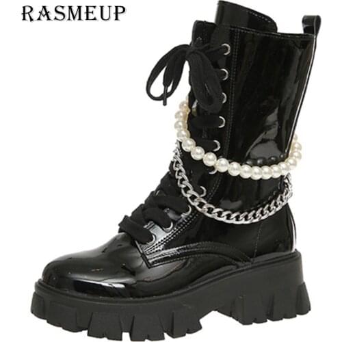 RASMEUP Metal Chain Motorcycle Boots Women 2021 Autumn Winter Patent Leather Knee High Boots Woman Thick Sole Platform Botas